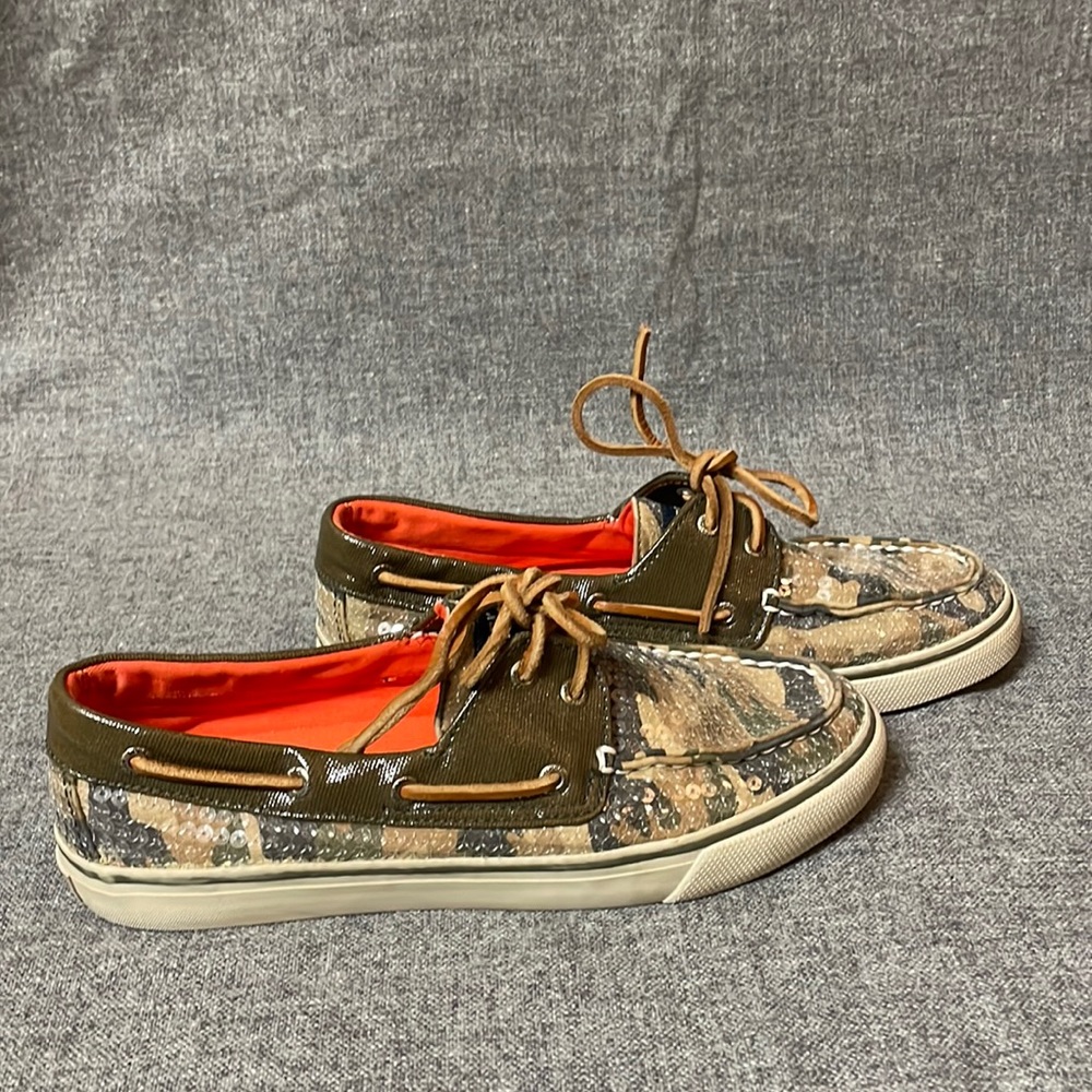 Sperry Camo, Sequin and Orange loafers in size 8 women’s.